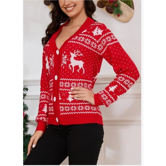 Alyweatry Womens Christmas Cardigan Sweater Red V-Neck Button Down Knit Festive - Picture 3 of 11
